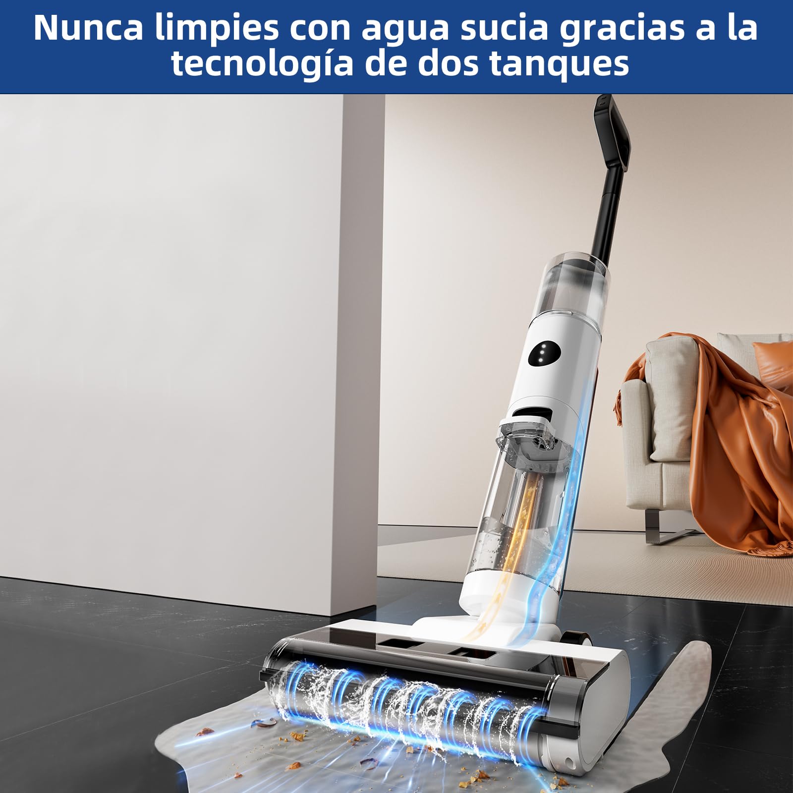 JONR ED12 Aspirador en Seco y Húmedo, Aspirador y Mopa 4 en 1 sin Cable, Cepillo Limpiador de Bordes, Función de Autolimpieza, Autonomía 30 Min, para Suelos Duros y Pelo de Mascota.