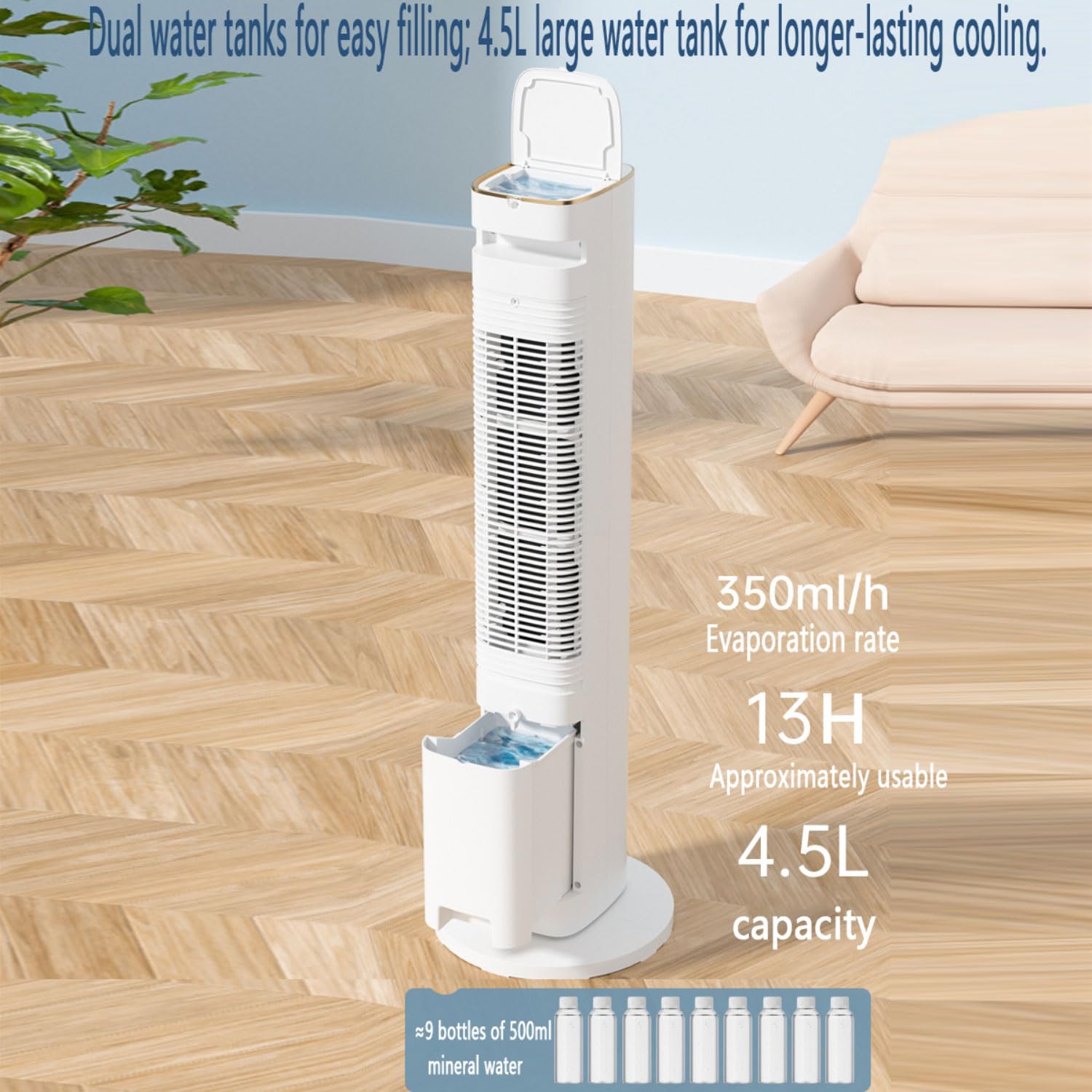 Tower - Ventola di raffreddamento per camera da letto, condizionatore d'aria portatile evaporativo, oscillante a 80° e design rimovibile e lavabile, 3 velocità, 28 dB, silenzioso, per la casa, bianco