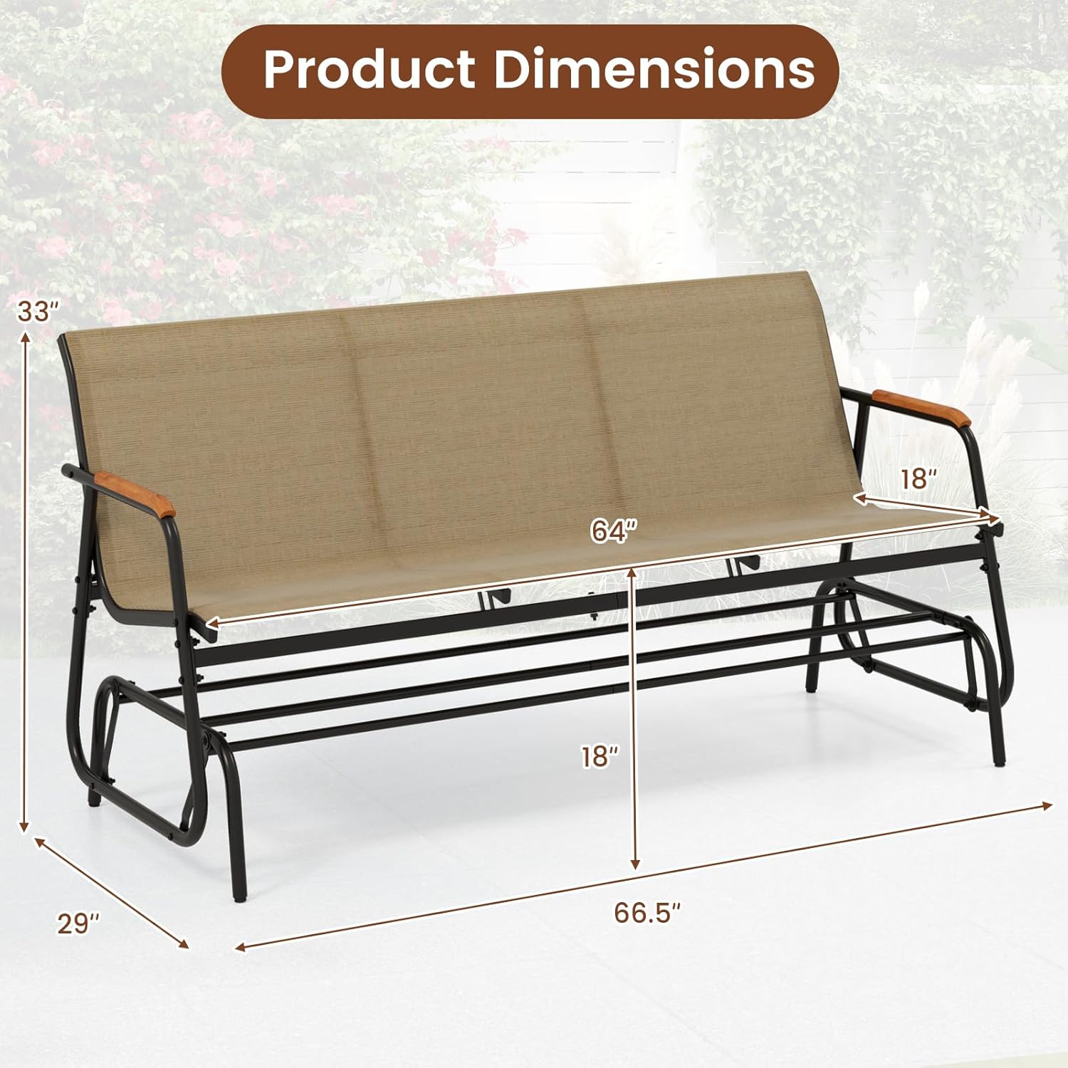 LDAILY Outdoor Glider, 2/3-Person Gliding Bench with Heavy-Duty Metal Frame & Teak Wood Armrests, Breathable Quick-Dry Fabric, 42.5"L x 45"W x 33"H Patio Glider for Poolside, Garden (29”x66.5”x33”)
