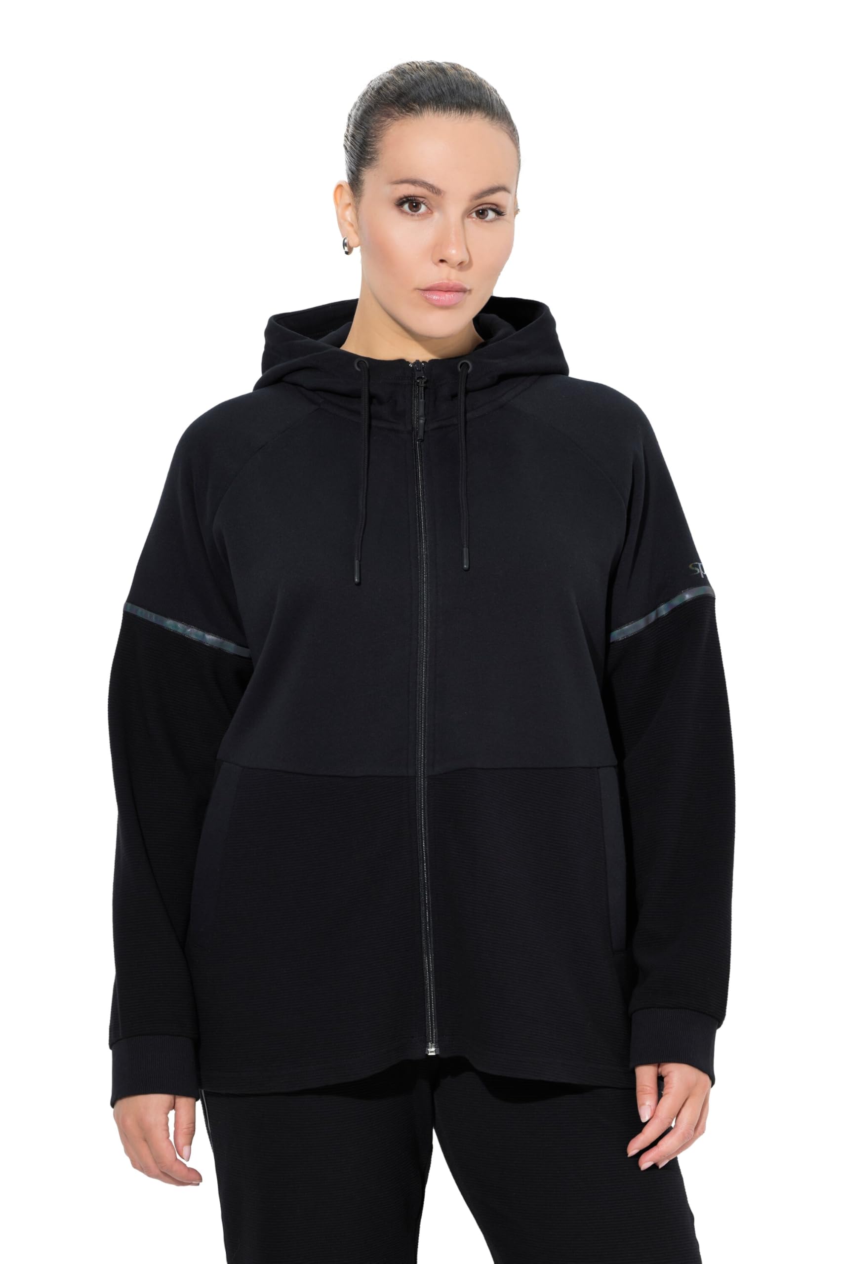 Ulla Popken Damen große Größen Übergrößen Plus Size Sweatjacke, Reflektor-Bänder, Kapuze, halb Ottoman 845142
