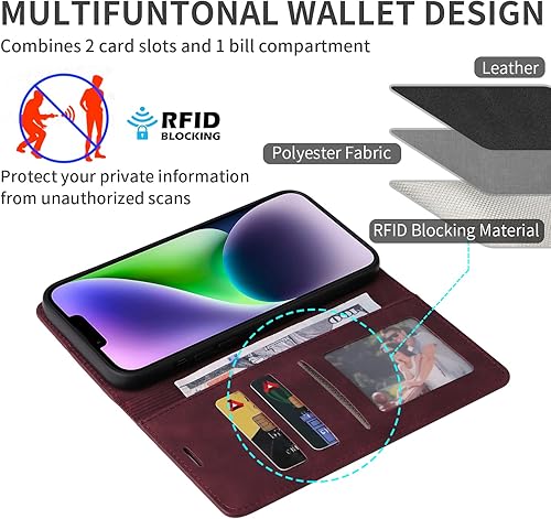 Miniatura 2 de ZZXX Funda tipo cartera para iPhone 14 Plus con bloqueo RFID, ranura para tarjetas, función atril, magnética, de piel suave, para iPhone 14 Plus