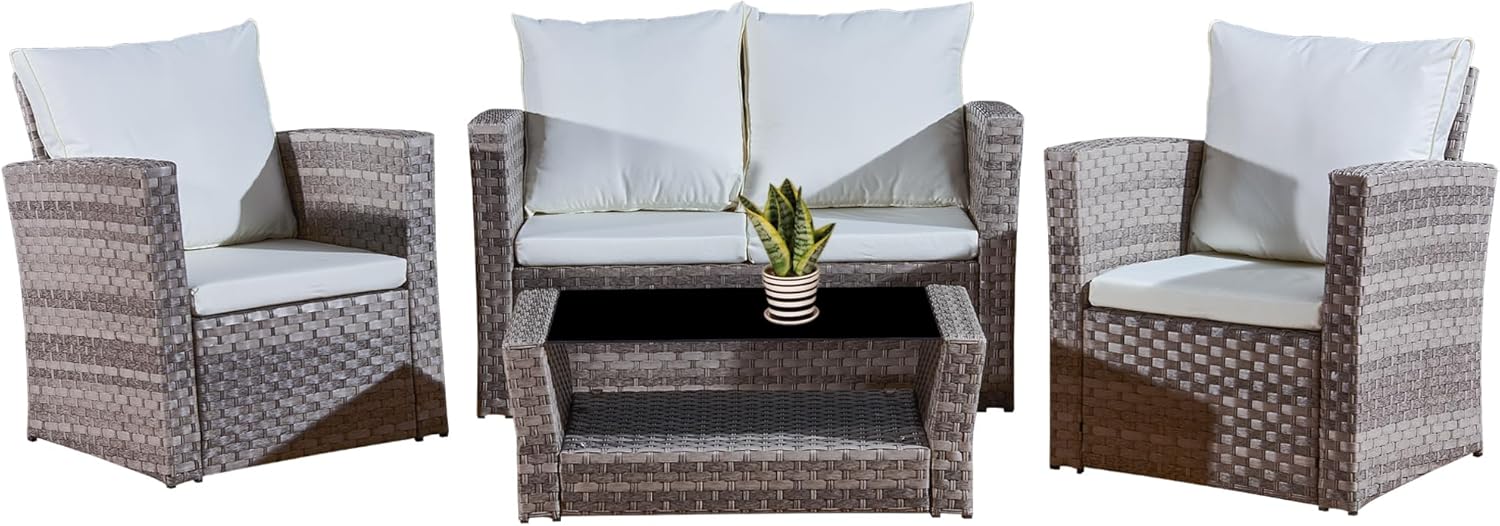 ASOWNSUN Rattan Wicker Weave Garden Furniture 4 Seater Outdoor Sofa