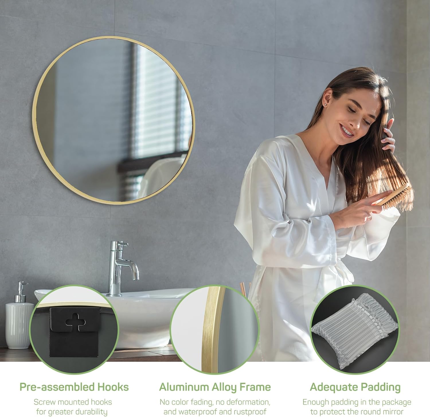 Round Wall Mirror, 24-Inch Gold Circle Bathroom Mirrors for Over Sink, Entryway, Living Room, Vanity