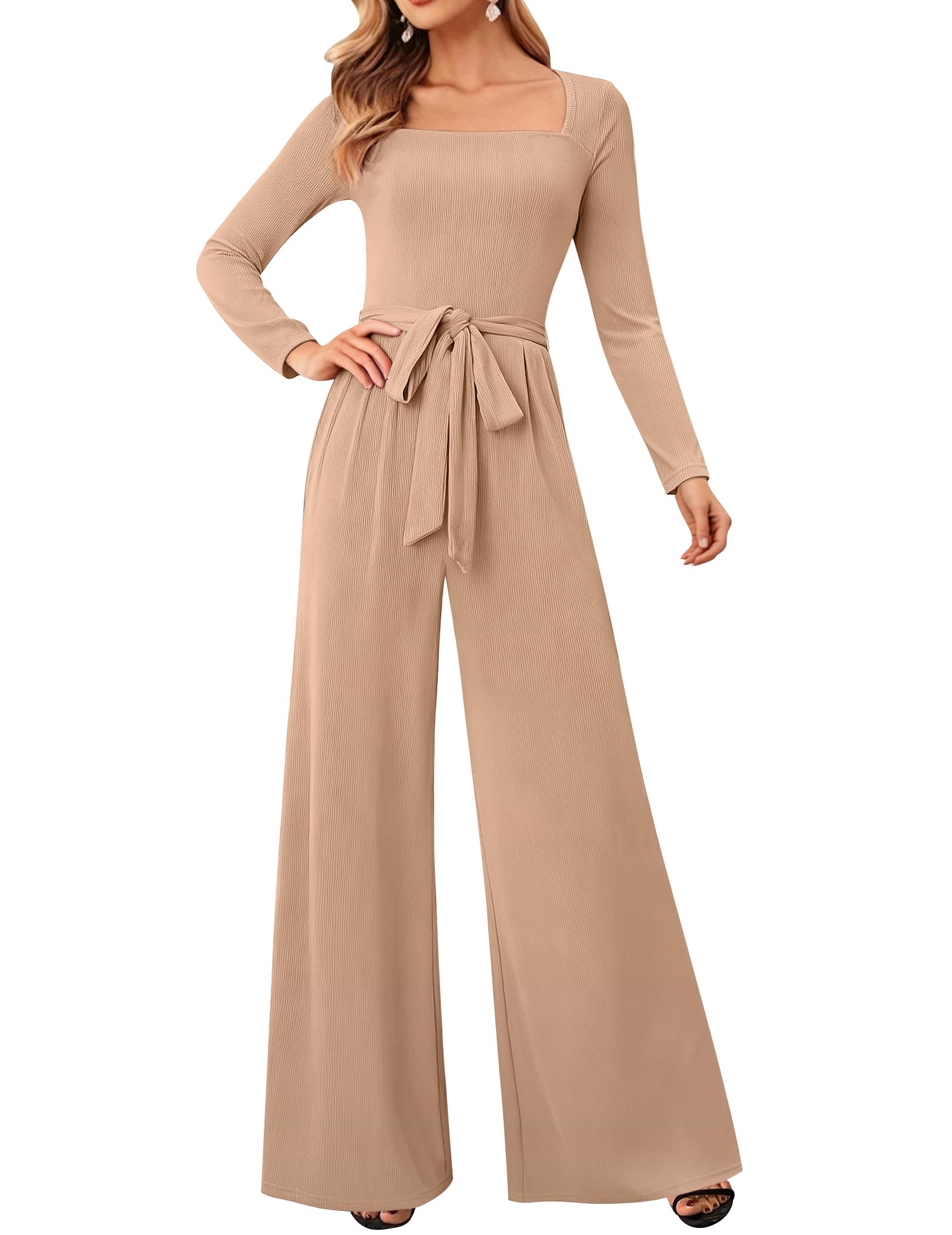 LOOKBOHO Jumpsuits For Women Dressy Long Sleeve Square Neck Casual Belted Wide Leg Long Pants Romper One Piece Outfits