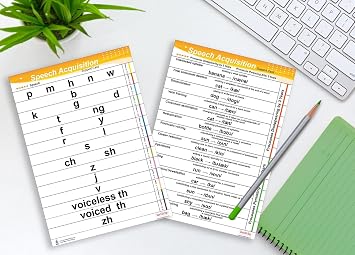 5 Charts with ABC Note Pad Speech Educational Chart Set, include Acquisition, Milestone, Phonological Pattern, Early Language Development, Brown's stages of language, processed by age for SLP, speech language pathologist. 8.3 x 11.7 inch Speech support chart