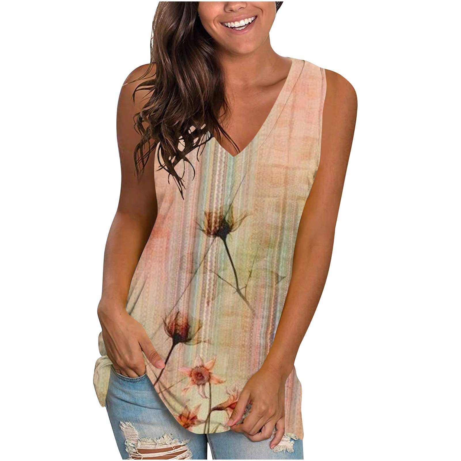 Womens V Neck Tank Tops Summer Floral Print Top Casual Cami Shirts Sleeveless Blouses