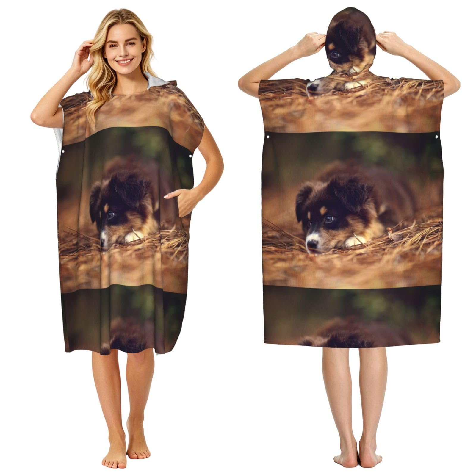 Poadnly Border Collie Puppy Bokeh Brown Border Collie, Adult Hooded Beach Towel 90 x 110 cm,Changing Bath Robe, Surf Poncho Towel For Women Men