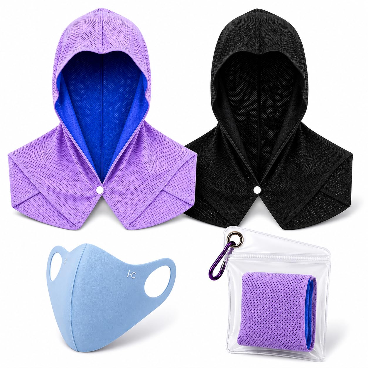 nnOuOnn Cooling Hoodie Towel UPF 50 Sun Protection Neck Gaiter, 2 Pack Breathable UV Head Scarf with Waterproof Storage Bag & Carabiner, Quick Dry Cooling Hood for Fishing Hiking Cycling Outdoor