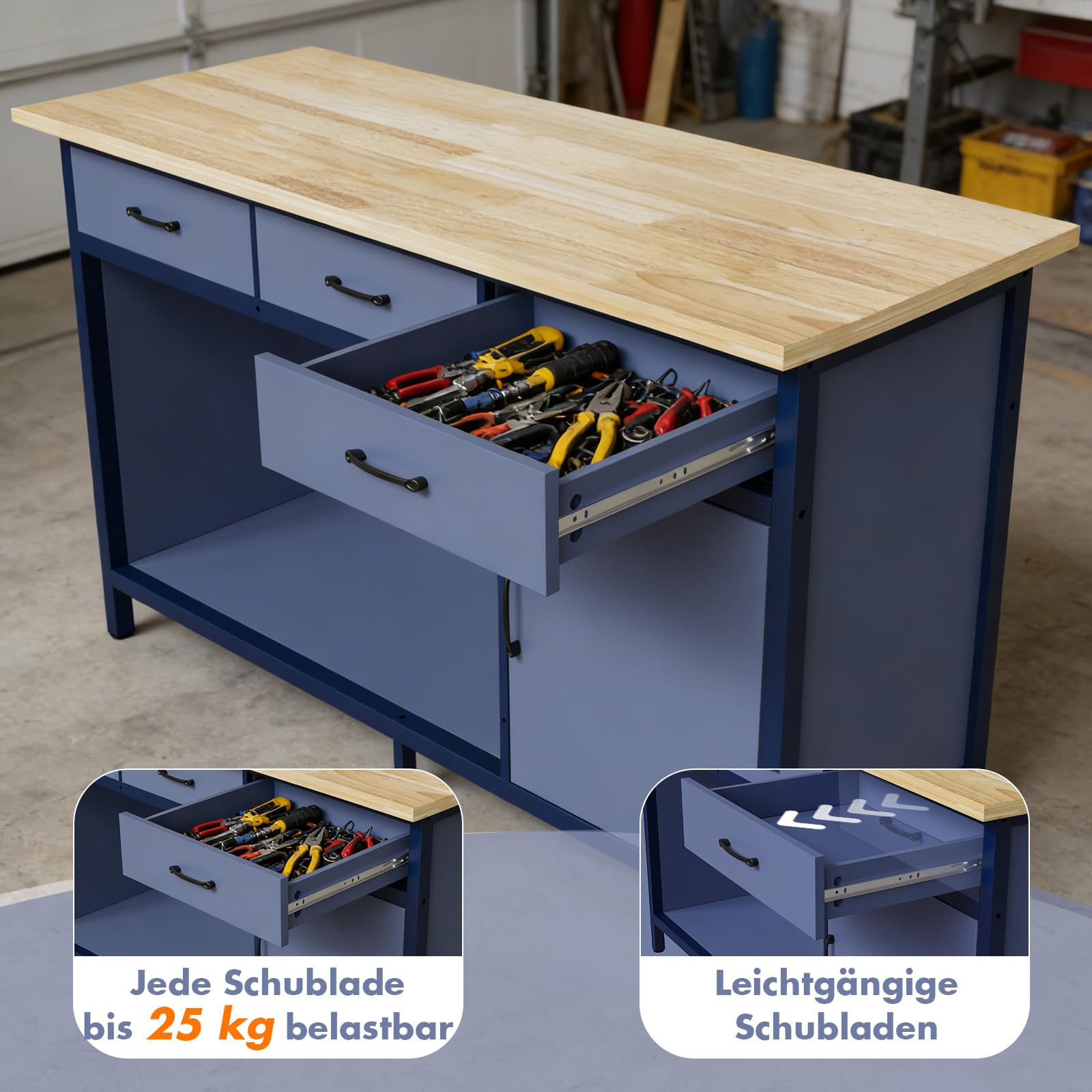 Jummico Werkbank bis 500 kg Belastbar 3 gleitfähige Schubladen 1 Offener Stauraum 25 mm Holzplatte Werktisch 160 x 60 x 85 cm