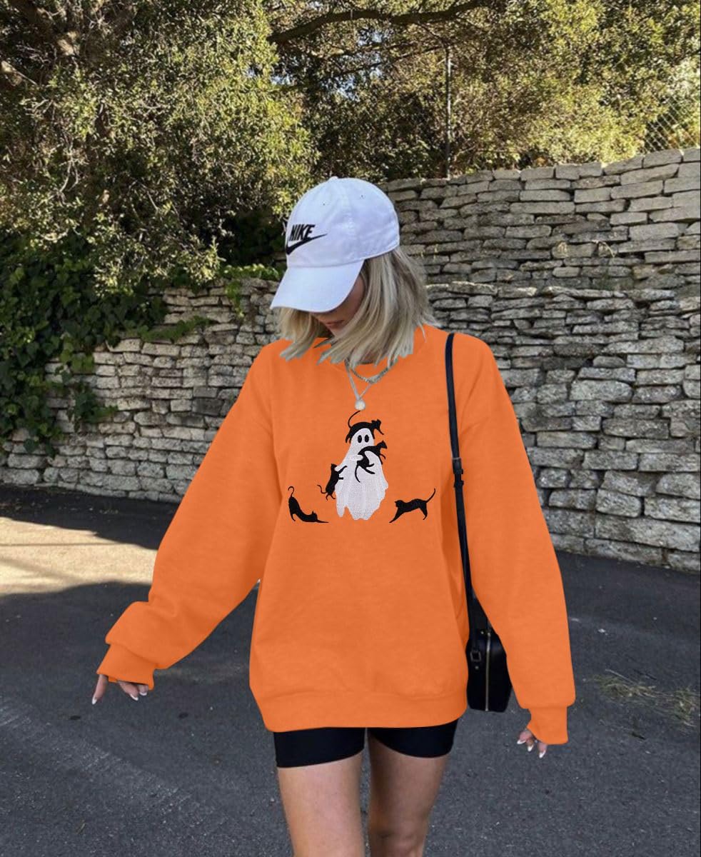 Halloween Spooky Season Sweatshirt Women: Oversized Black Cat Ghost Sweatshirts Fall Embroidered Pullover Top - Image 4