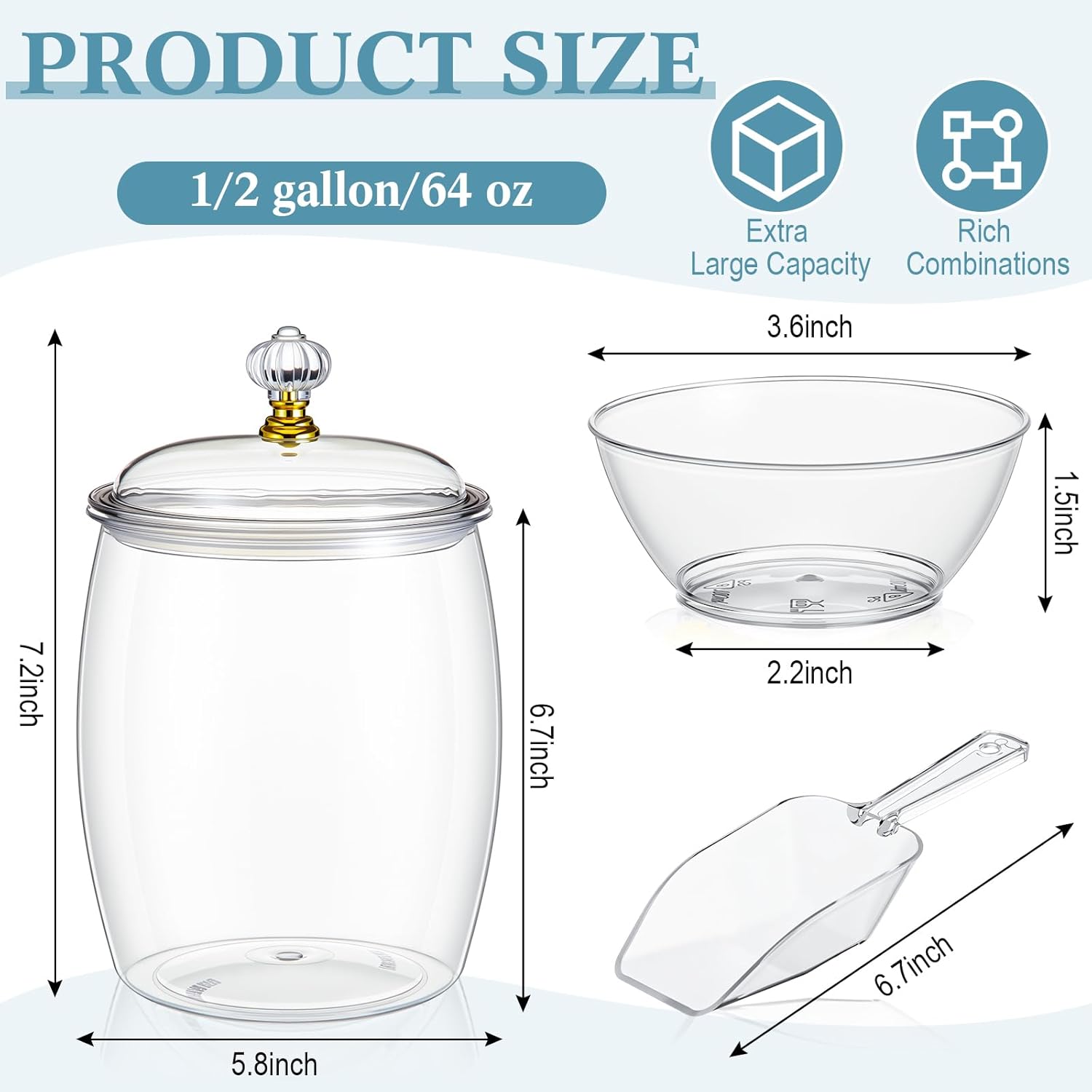 LemonRoad 4 Pcs 64 oz Plastic Candy Jars with Lids 100 Pcs Bowls 2 Spoons, Clear Cookie Dessert Buffet Containers Set Large Airtight Apothecary Storage for Wedding Home Bar Supply