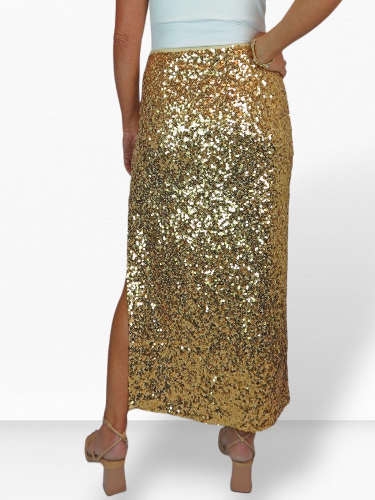 Gonna Lunga da Donna con Paillettes Elasticizzate E Spacco Laterale Aperto sulla Gamba, Completamente Foderata 40-54