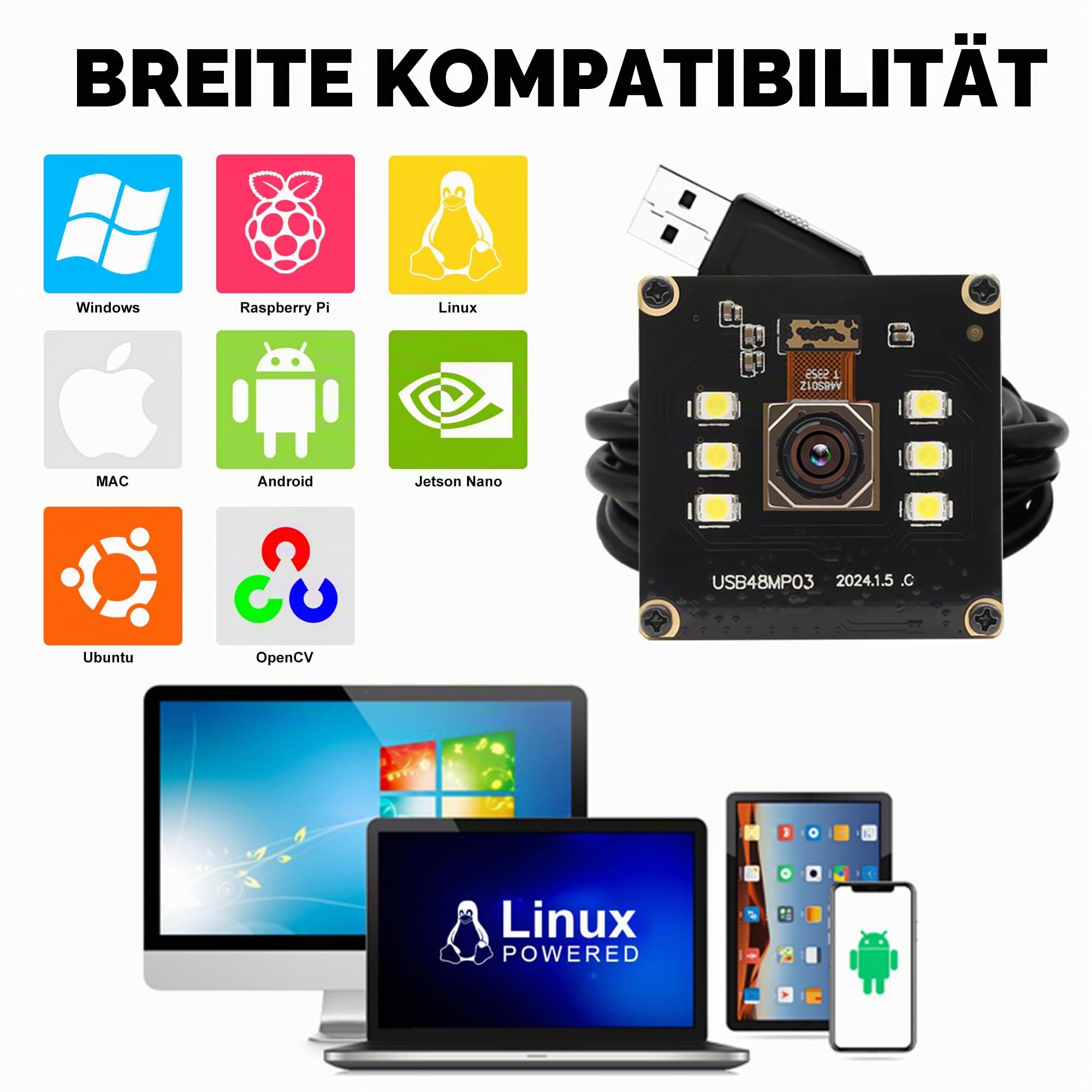 SVPRO 48MP Autofokus USB Kameramodul mit Licht, USB Webcam Board Nachtsichtkamera für Computer, Industrielle Machine Vision Kamera 8000x6000 Pixel Lightburn Kamera für Linux Anroid Board Jetson Nano