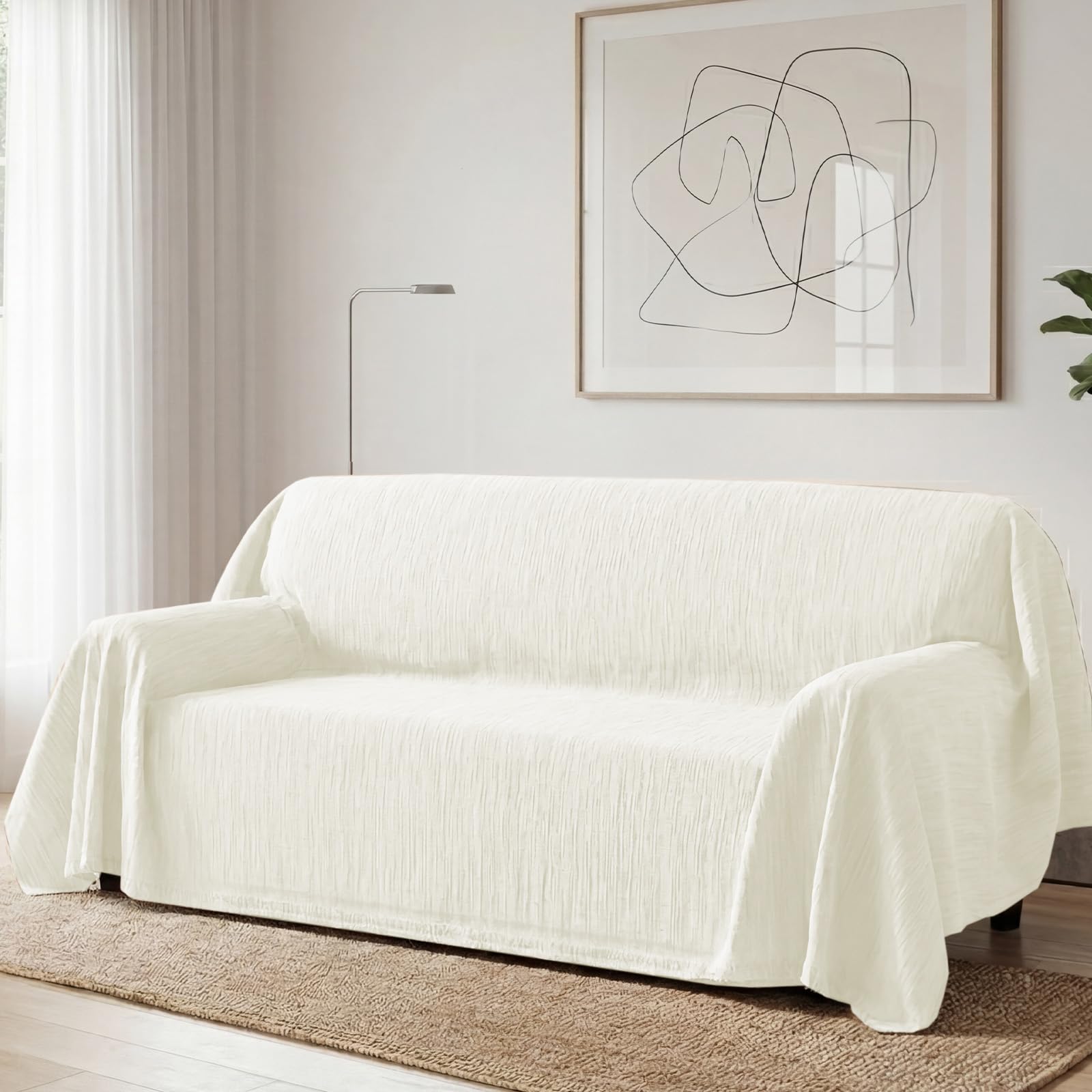 Bellahills Texture Beige Sofa Cover 3 Seater Chenille Sofa Covers 2 Seater Armchair Covers L Shape Sofa Slipcover Non-Slip Couch Covers With Tassel Sofa Protector For Sectional Sofa, 180X340cm,