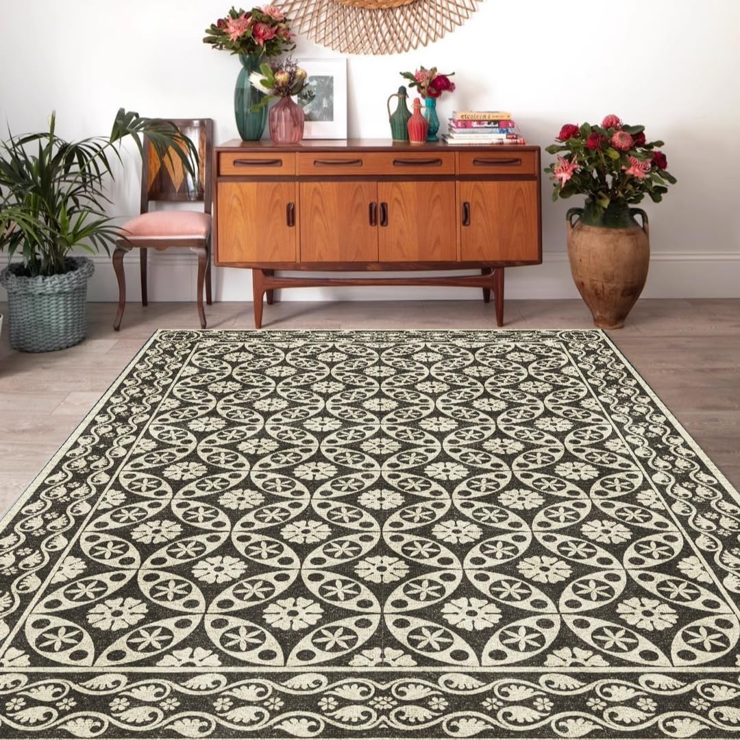 Tapis pour salon lavable rétro géométrique multicolore 160x160 cm