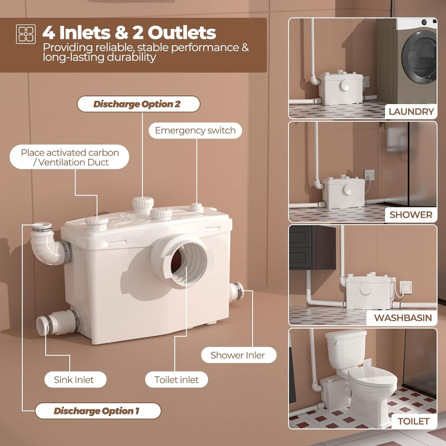 800W Macerator Pump for Macerating System, Upflush Toilet Pump with 4 Water Inlets for Basement Toilet, Sink, Shower, Bathtub Waste Water Disposal, Top & Side Discharge Option, Pumping Up to 36ft