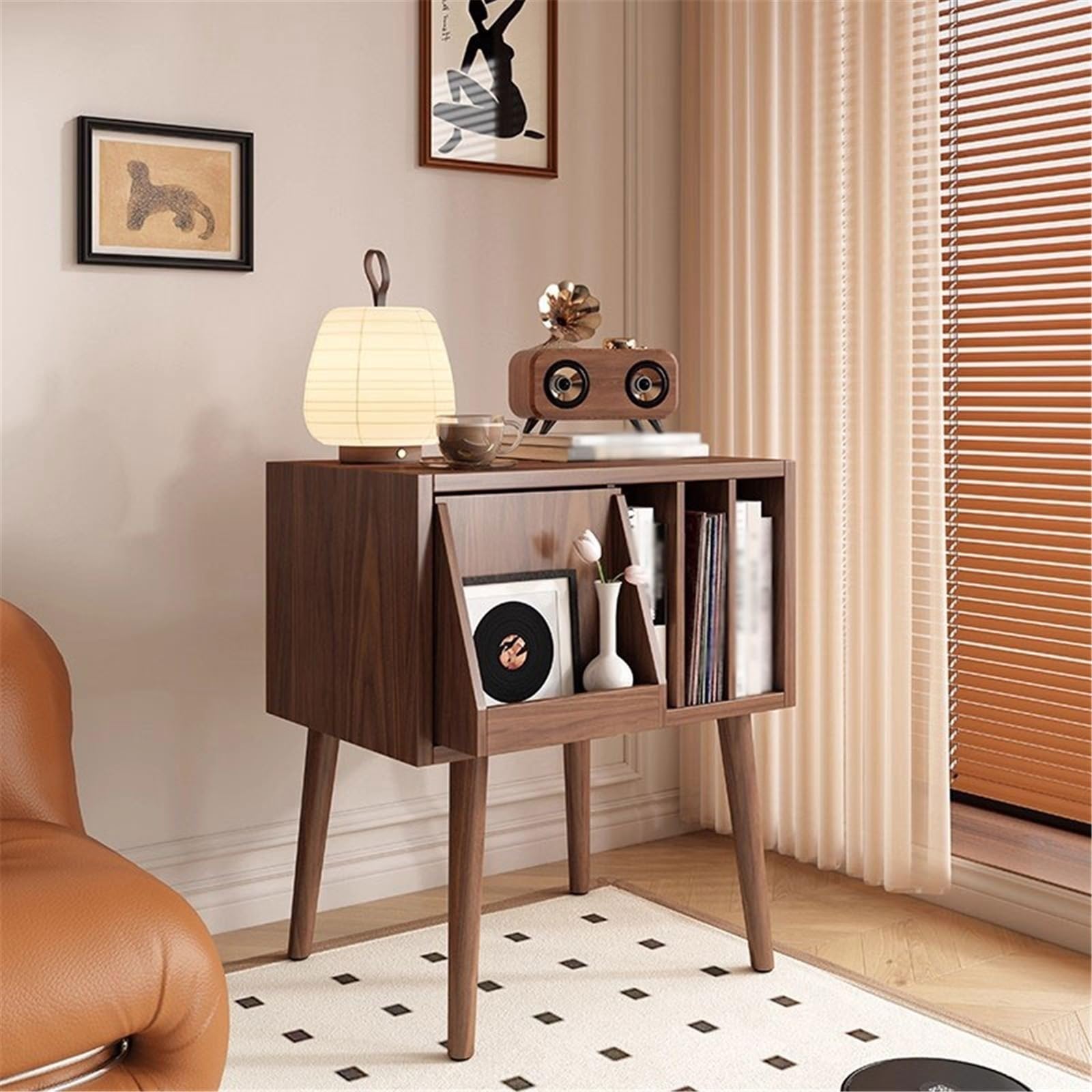 Custodia per CD Mobiletto porta CD retrò con cassetto nascosto e ripiano dischi in vinile in legno Portadischi(Walnut colour)