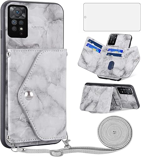 Funda de teléfono para Xiaomi Redmi Note 11 Pro 4G5G Funda tipo cartera con protector de pantalla y correa cruzada, cordón de mármol, soporte para