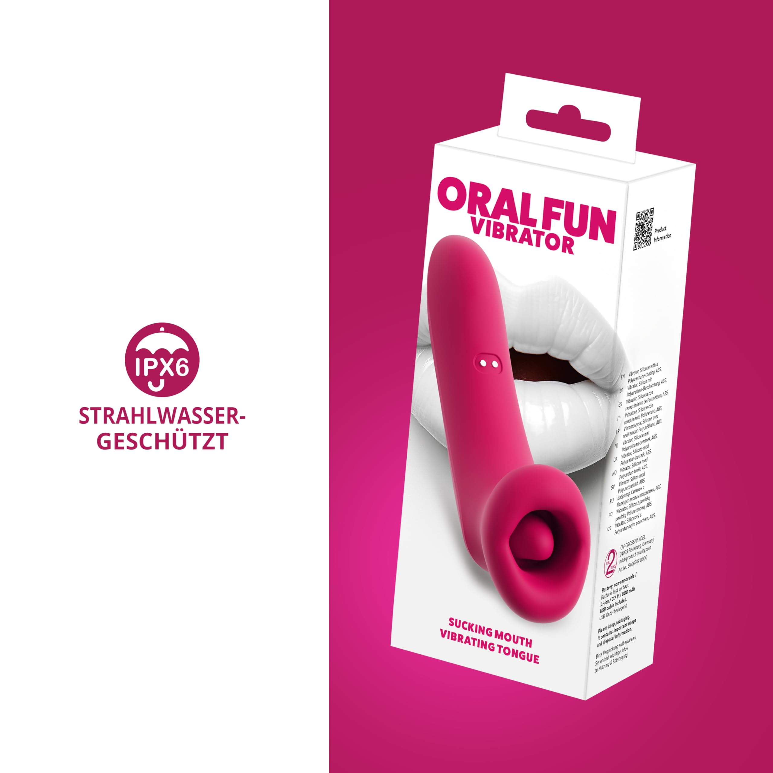 You2Toys Oral Fun Vibratore a ventosa con lingua vibrante, labbra in silicone morbido, 3 modalità di aspirazione + 10 modalità di vibrazione, stimolatore clitoride silenzioso, ricaricabile tramite USB