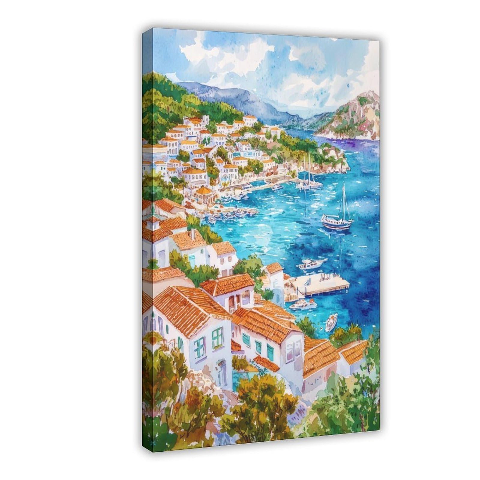F I N U C B Kas Aquarell-Poster, Wandkunst, Kas, Wandbehang, Heimdekoration, Geschenk, Kunstliebhaber, Türkei, Liebhaber, Geschenk, Leinwand, Dekoration, Druckrahmen, 50,8 x 76,2 cm