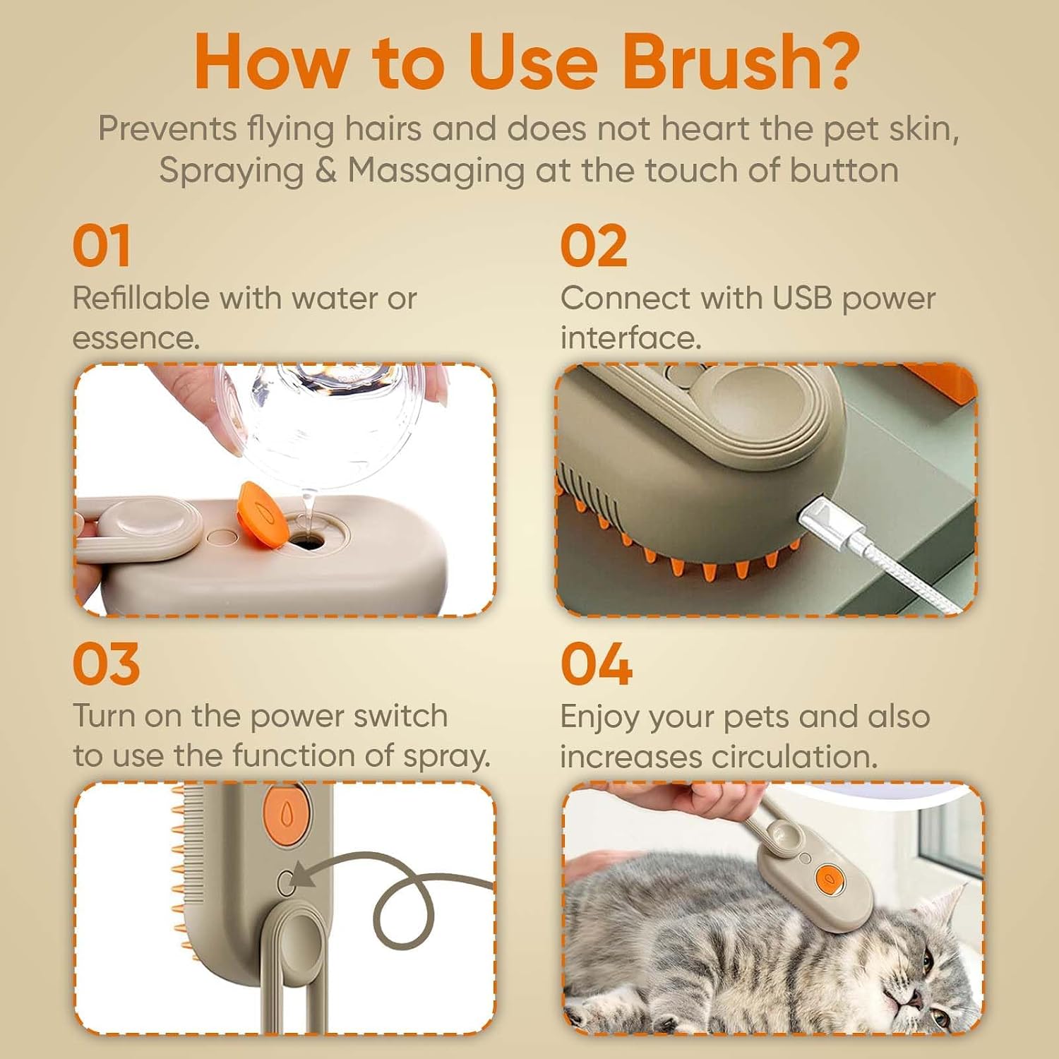 Cat Steam Brush - Spray Design, 3 in 1 Cat Steamy Brush with Steamer, Pet Spray Hair Comb, Steam Brush for Dogs - Suitable for All Pets -Pet Spray Hair Comb (coffee)