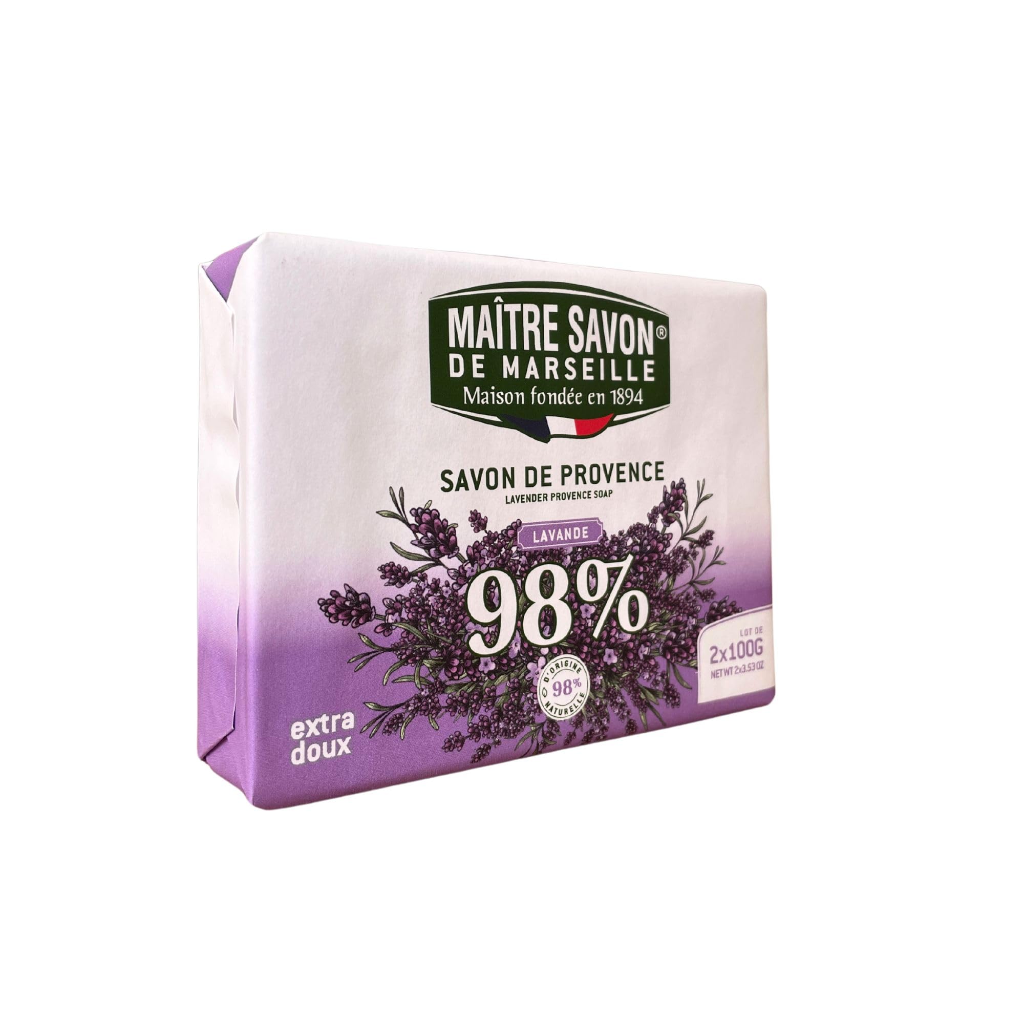 Maître Savon de Marseille - Jabón de Provenza Lavanda – Extra Suave – 2x100g – 99% Ingredientes Naturales – Manos & Cuerpo