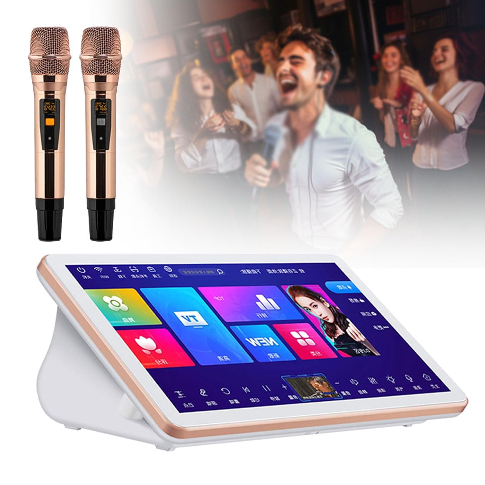 Macchina per karaoke tutto in uno, telecomando per telefono touch screen da 18,5 pollici e controllo app con microfono wireless, lettore karaoke KTV per feste al bar di casa,8TB-White