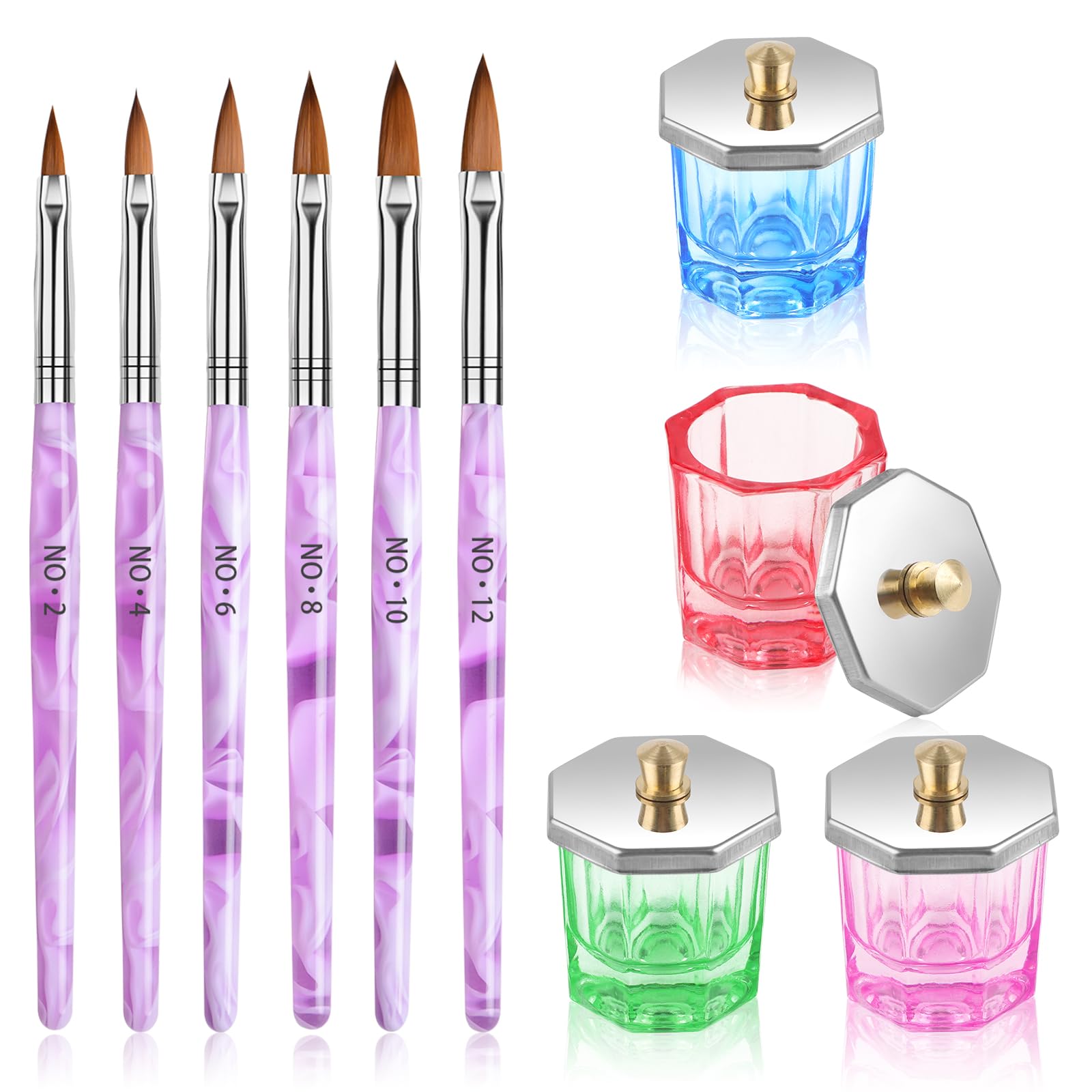 TOROKOM Acrylic Nail Brush and Dappen Dish Set, 6PCS Brush and 4PCS Glass Crystal Dish With Lid, UV Gel Nail Art Powder Liquid Cup Holder for Manicure