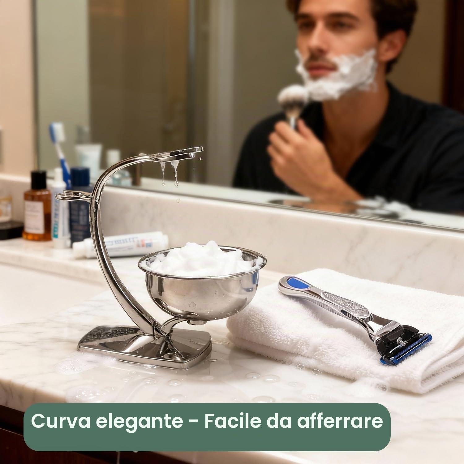 GRUTTI Set di Rasatura 2 in 1 per Uomini - Supporto Magnetico + Ciotola in Acciaio Inox, Compatibile con Rasoi Manuali (Senza Spazzola)