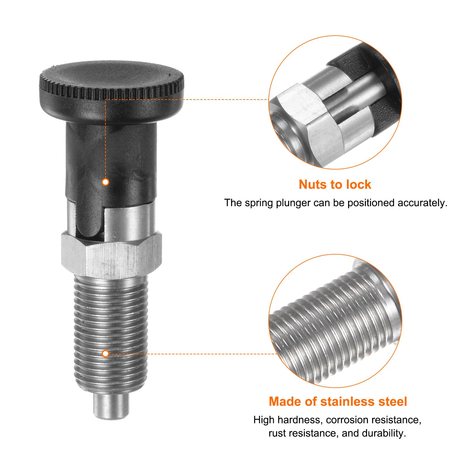 sourcing map 2 piezas de émbolo de resorte de nariz de bola M16 x 1.5 de longitud de rosca de 8 mm de diámetro del pasador de acero inoxidable con autobloqueo, émbolo retráctil para equipos
