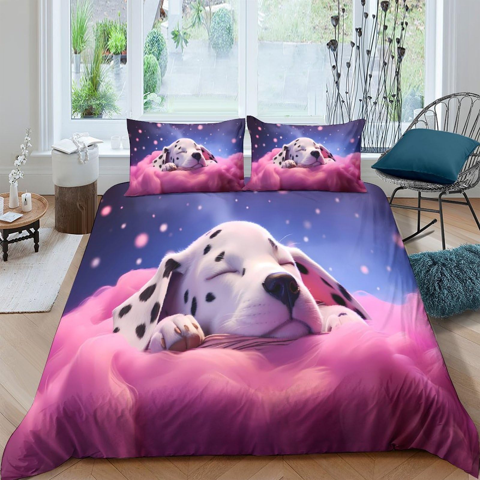 Ctjqhvkz Style-3 3D Printed Dalmatian Dream Fitted Sheet Microfiber Pink Cloud Bed Cover Anti-Slip Easy Care For Bedroom Guest Room Single（135X200cm）