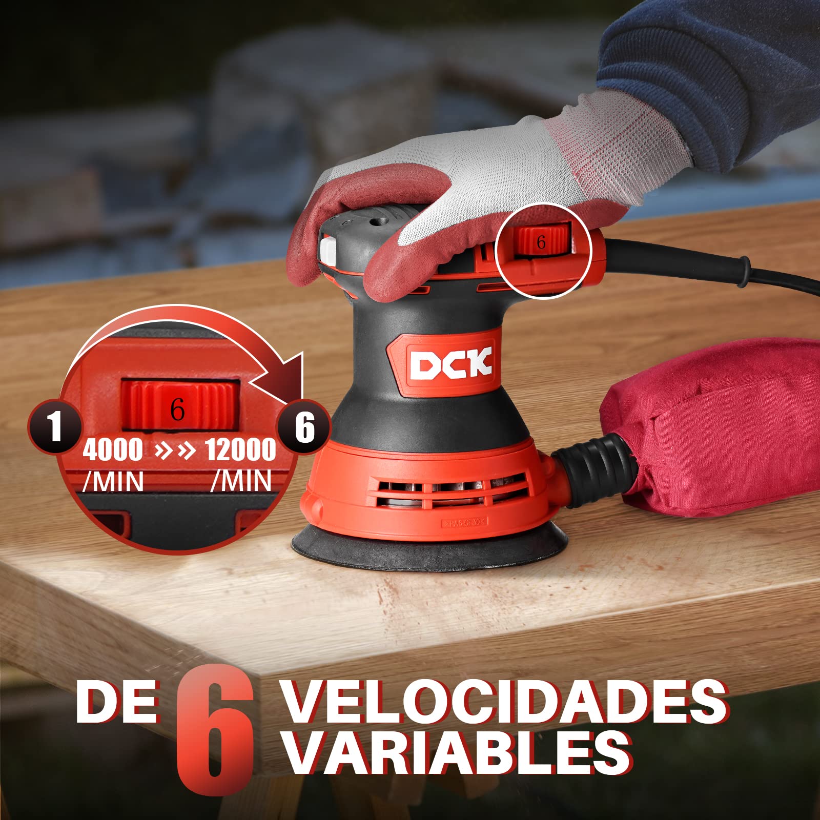 DCK Lijadora Orbital, 300W Lijadora de Madera, 6 Velocidades, 4000-12000/min, 125mm con 10 Papeles de Lija, Bolsa de Polvo, Baja Vibración, Lijadora para Madera, Decoración de Muebles (KSA125)
