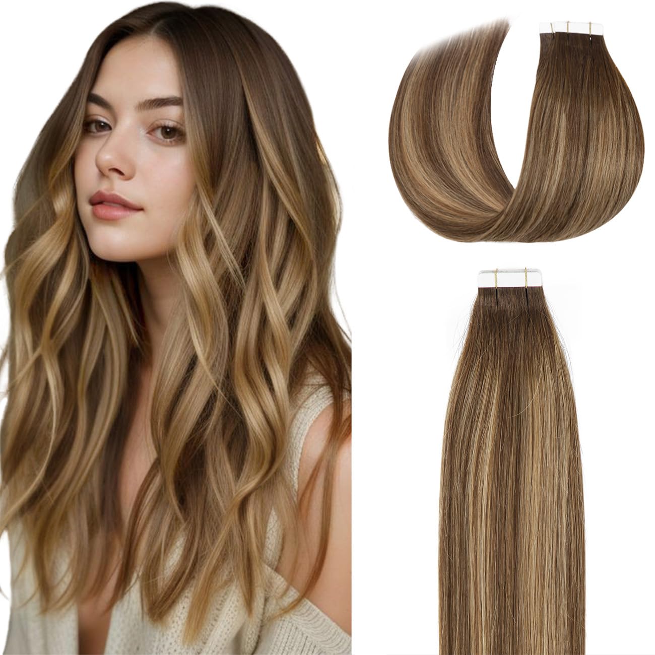 Lacer Tape in Hair Extensions Chocolate Brown to Dark Caramel Blonde Adhesive Tape in Hair Extensions Remy Human Hair 20 Pcs 50 Grams 22 Inch