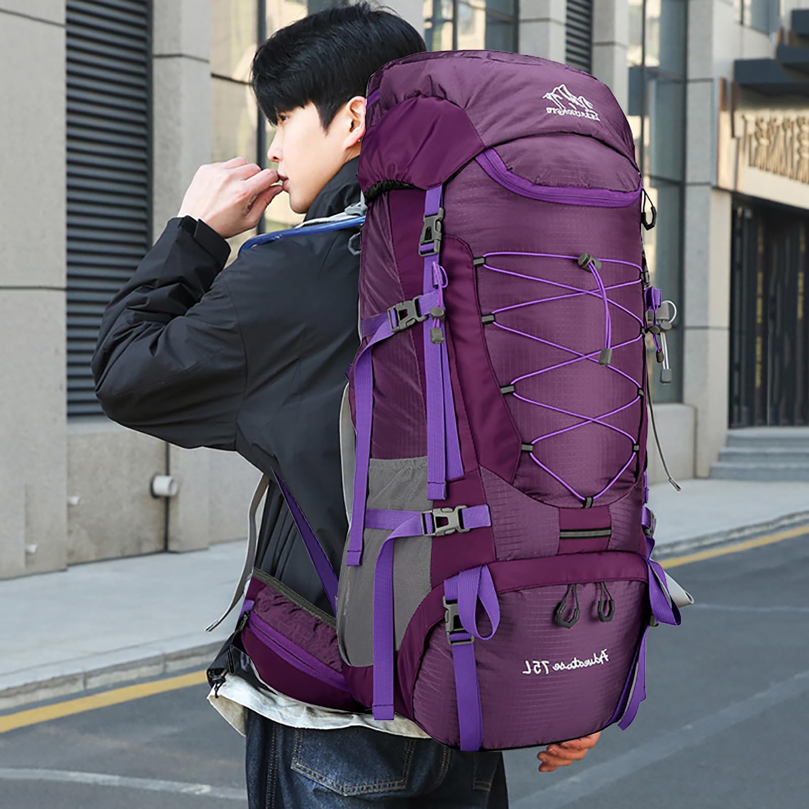 Zaino Trekking 75L Antistrappo Impermeabile con Copri Pioggia, Zaino da Viaggio Sport all'aperto Leggero per Escursionismo Arrampicata Campeggio Turismo Montagna,Viola