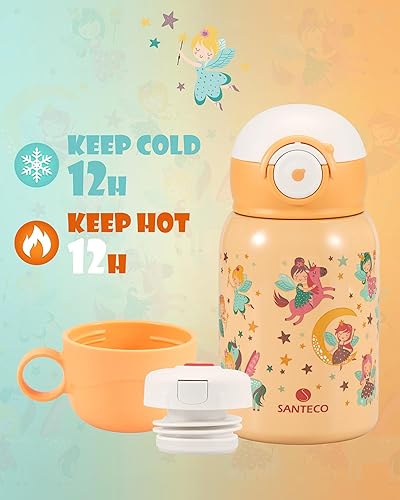Miniatura 4 de SANTECO Botella de agua aislada para niños con tapa con pajilla, correa para el hombro y soporte para transporte, sin BPA, de acero inoxidable de 15