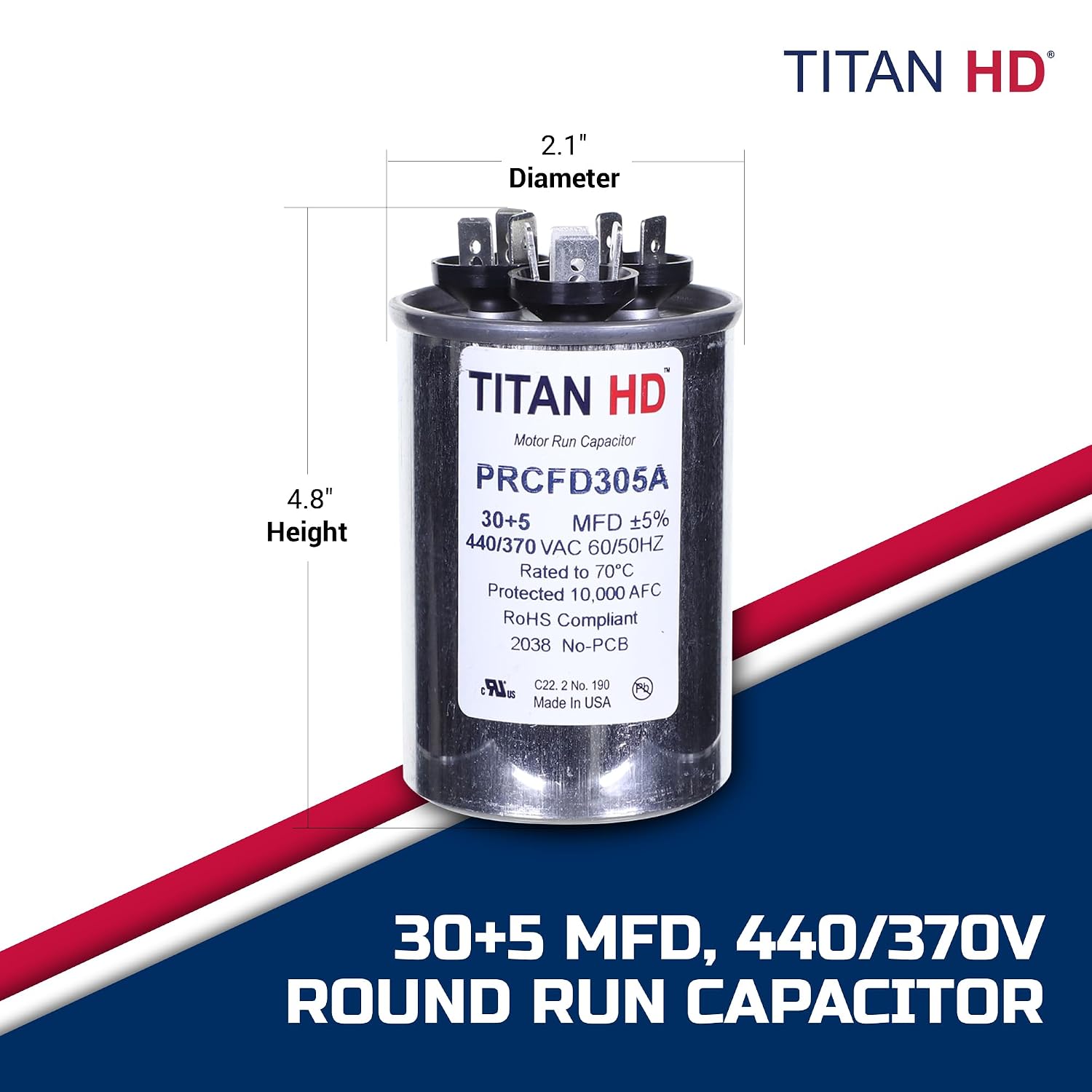 Packard PRCFD305A Titan HD 30+5 MFD, 440/370V Round Dual Run Start Capacitor for AC Motor Run or Fan Start, HVAC Dual Run Round Start Capacitor, 60,000 Hours Operating Life