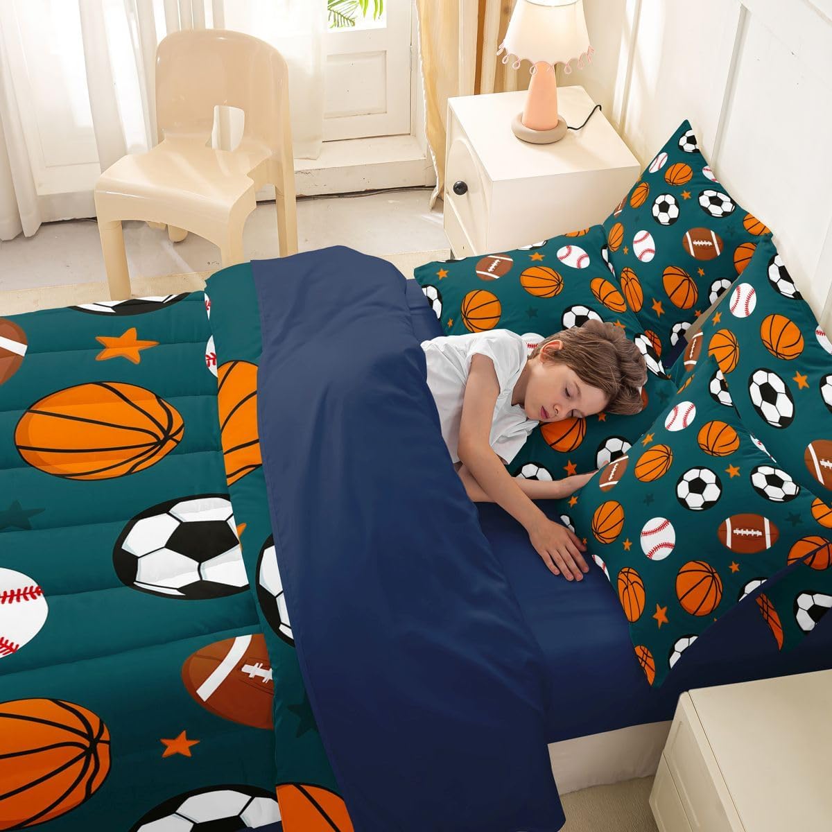 Castle Fairy Balls Comforter Set Full Size,Competitive Games Sports Pattern Teens Kids Bedding Set,Baseball Gaming Style Bed Sets,Teal Comforter 7Pcs with Fitted Sheet,Flat Sheet and Pillow Cases image 5