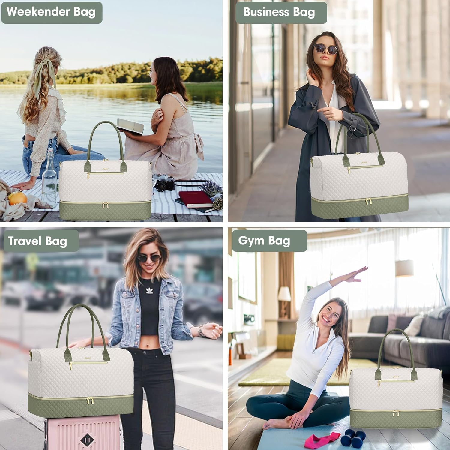 Travel Weekender Duffle Bags for Women - Duffel Bag with Shoe Compartment Carry On Overnight Bag with Toiletry Bag with Wet Pocket for Gym Hospital Bags for Labor and Delivery Beige Green - Image 6