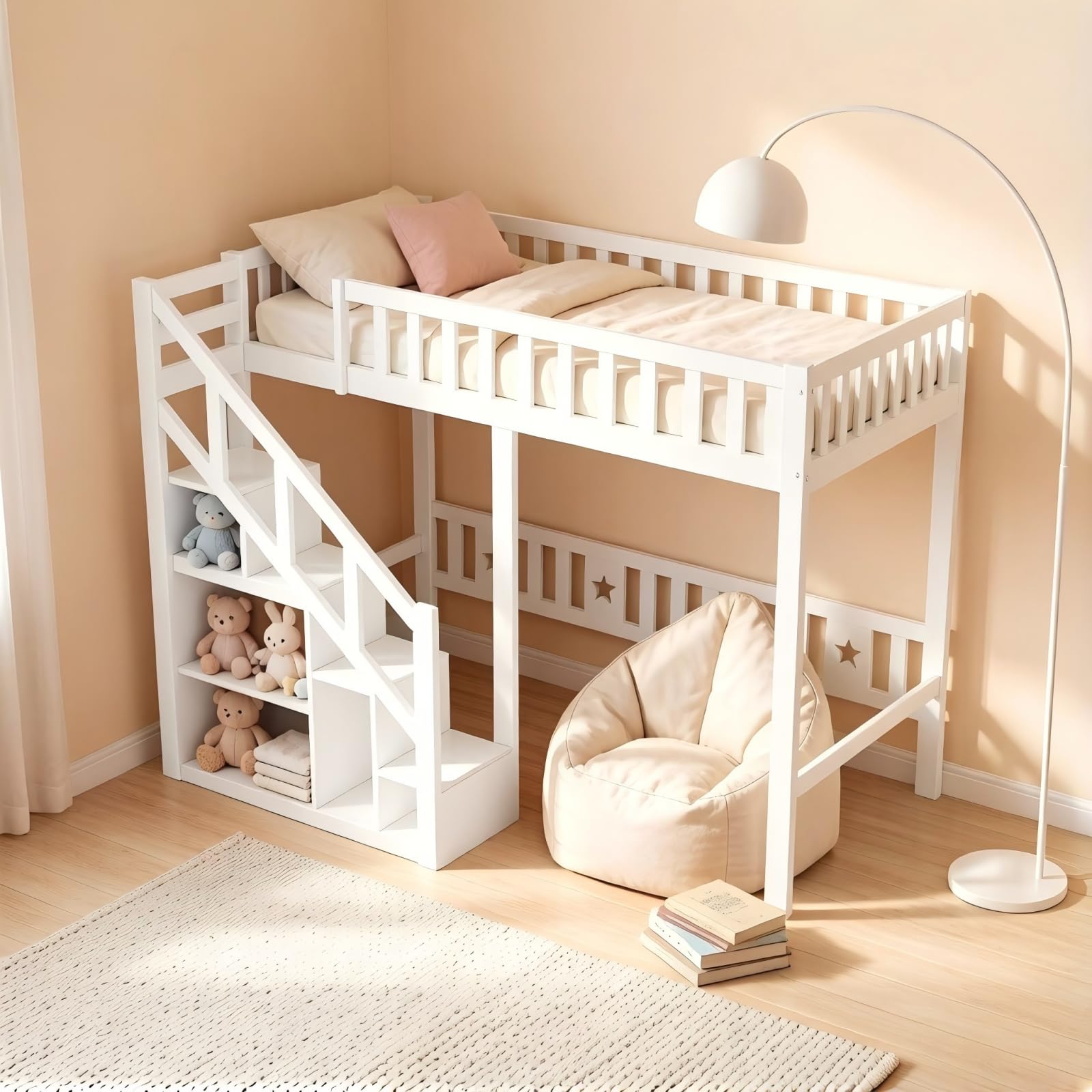 Kinderbett Etagenbett 90x200, Hochbett Hausbett mit Treppe, Staurau, Gitter und Rausfallschutz, Doppelbett Stockbett Spielbett Kinderhochbett mit Lattenrost für Mädchen Junge (Weiß, 90x200 cm)