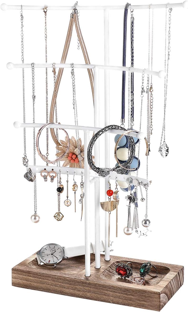 Urban Deco Arc Jewelry Organizer Stand 4 Tier Necklace Holder With Earring Organizer, Bracelet Holder Stand And Wooden Ring Holder For Jewelry White Coated Metal Jewelry Holder Organizer For Girls