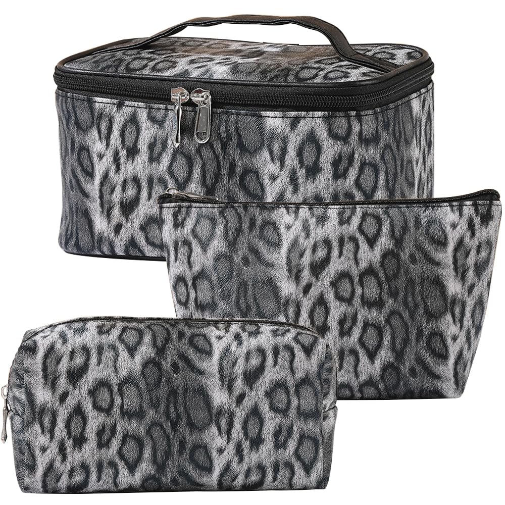 Kaxich 3 Stück Kosmetiktaschen, Kosmetiktasche Set Damen, Kulturtasche Damen Kulturbeutel Make Up Tasche mit Leopardenmuster, Reise Schminktasche für Mädchen Frauen (Schwarz)