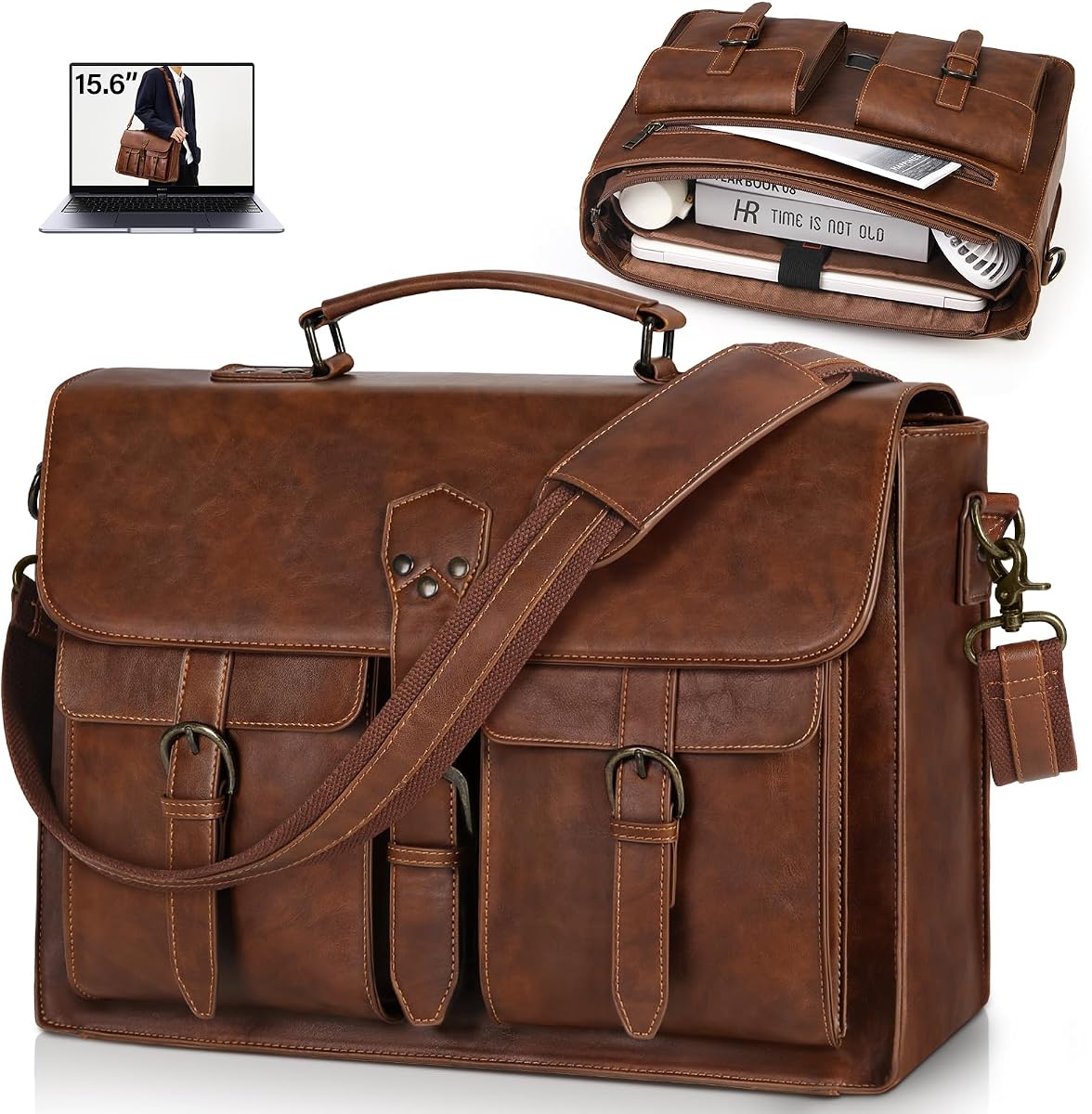 Bolso Bandolera para Hombre, Maletín Grande Vintage para Computadora Portátil de Cuero PU | Bolso para ordenador portátil de 15,6 pulgadas, bolso impermeable para ordenador, para oficina, trabajo, viajes, universidad, marrón