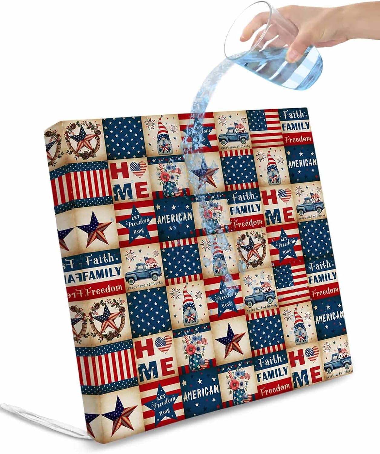 American Flag Day Outdoor Cushion Cover,Retro Splicing Plaid Waterproof Patio Seat Cushion Replacement Covers,Dwarf Stars USA Flag Flower Furniture Protector Slipcovers for Couch Sofa,22''x22''x2pcs