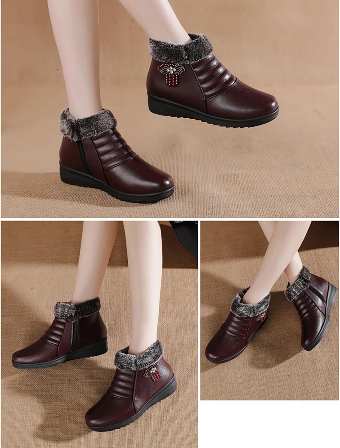 Women Winter Fur Lined Warm Snow Boots With Side Zipper Comfortable Lightweight Soft Sole Non-Slip Mama Short Shoes Outdoor Walking Camping Booties