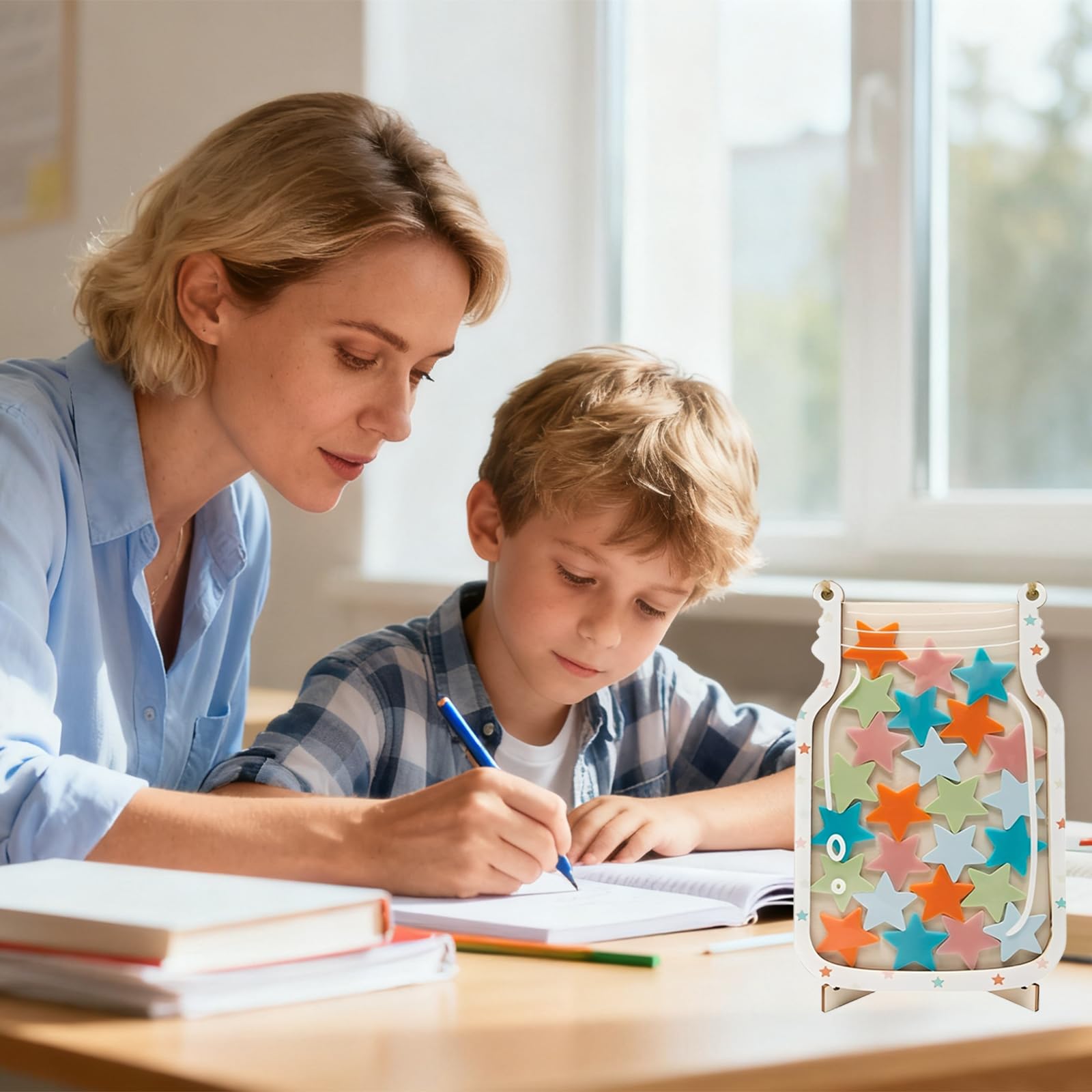 Tabella delle Ricompense per Bambini, Barattolo Stelle 25 Pezzi, Base Legno, Tabella delle Ricompense per Il Buon Comportamento，Regolabile