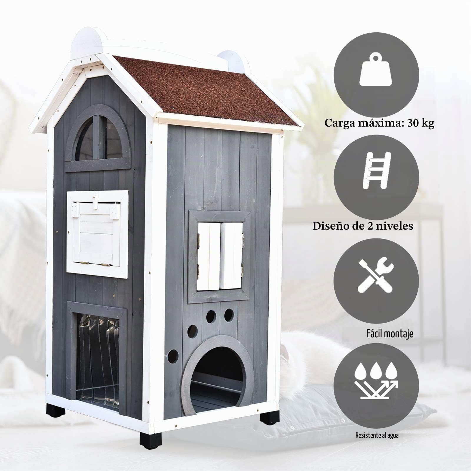 PawHut Casa Exterior para Gato de 2 Pisos Gris 59x55x109cm