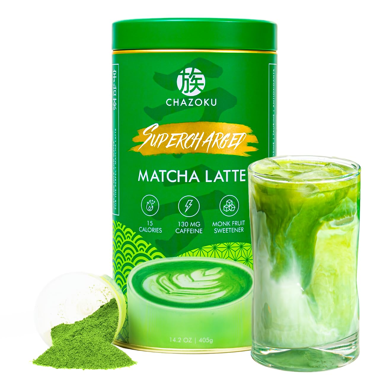 Chazoku Supercharged Matcha Latte - Ceremonial Grade Matcha Powder - Instant Premium Japanese Green Tea, High-Caffeine (Hi Caf Tea), Vegan &