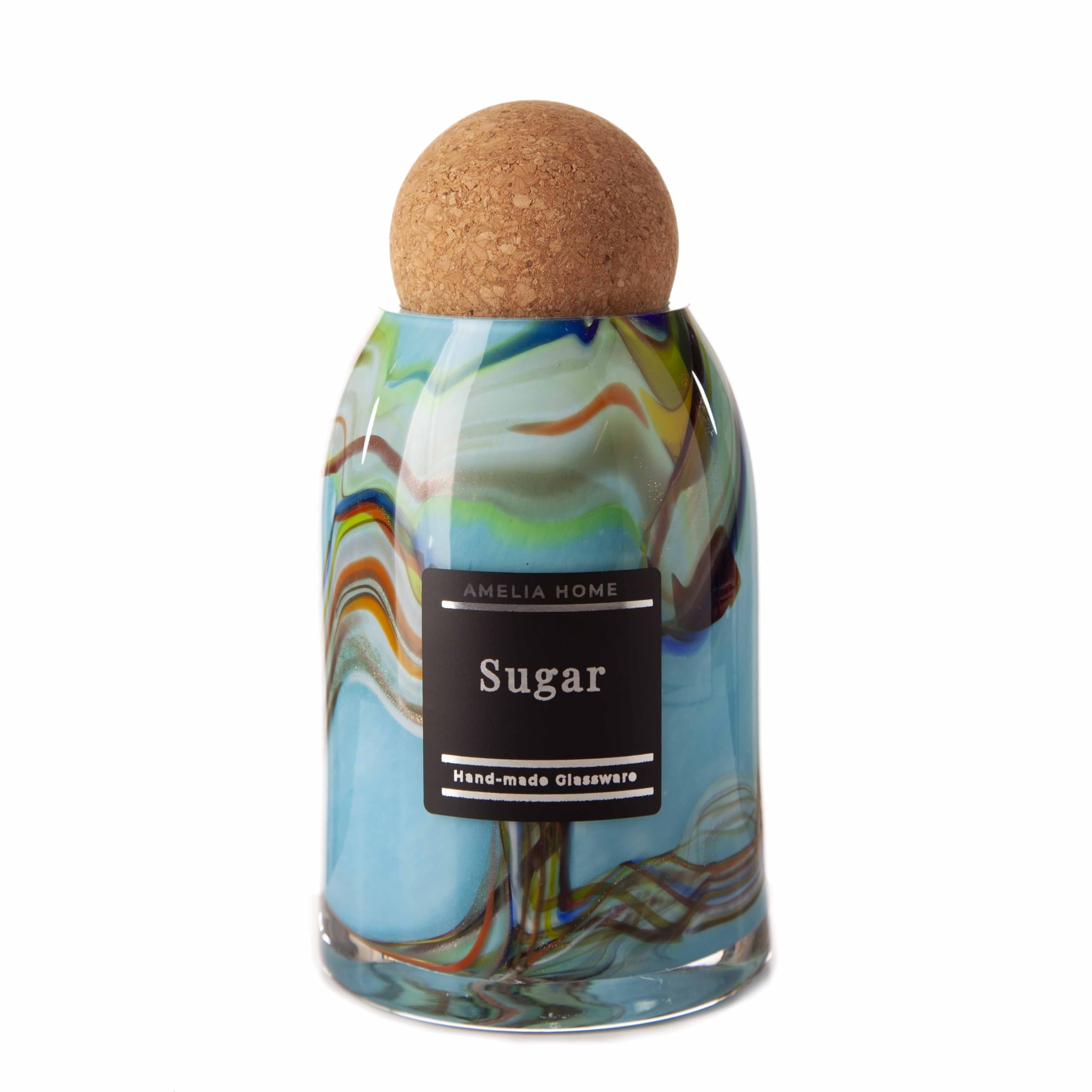 Mouth Blown Glass Storage Jar with Cork Ball Lid, Decorative Kitchen Container - Oceanic