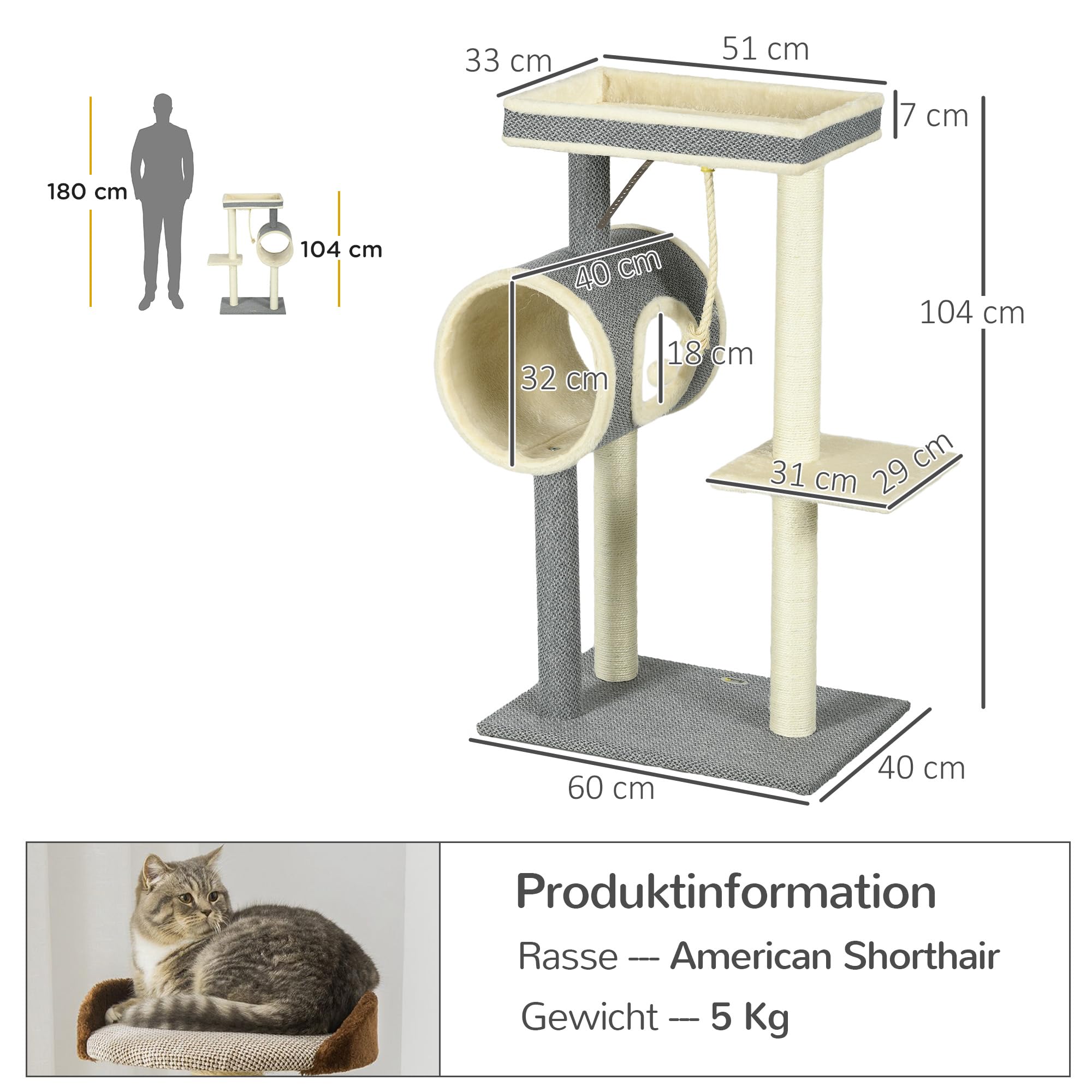 Rascador PawHut 104 cm árbol para gatos con cueva para gatos, rascador para gatos con pelota de juego, árbol para gatos con 2 zonas para tumbarse, árbol trepador para gatos de hasta 5 kg, muebles para