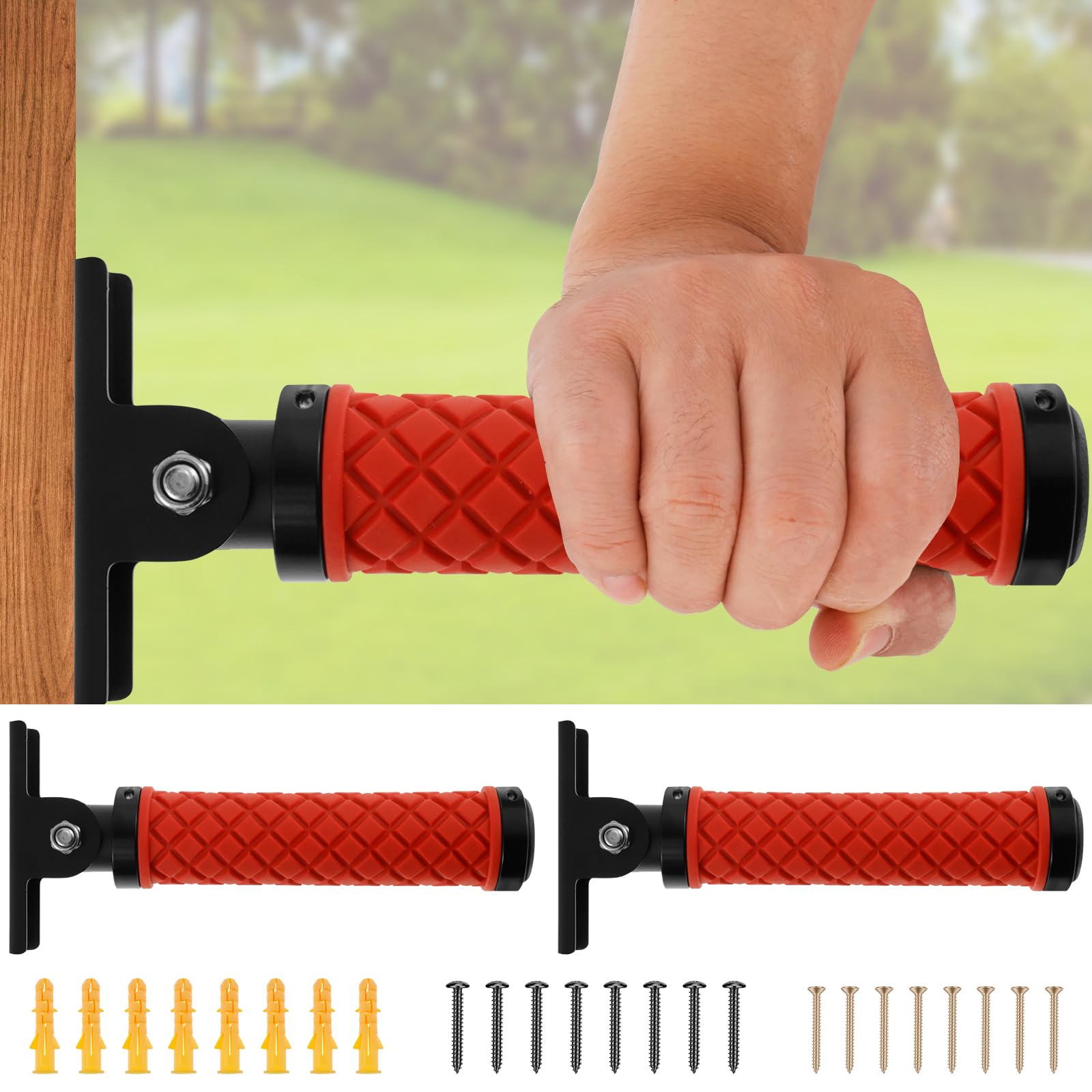 Nihuifdpy Red Black 2Pcs Lengthened Doorway Assist Handle, 350 Pounds Strong Load Bearing Anti Slip Door Grab Bars, Foldable Door Grab Rail Handle For Elderly Assistance Or People Who Need Mobility Assistance